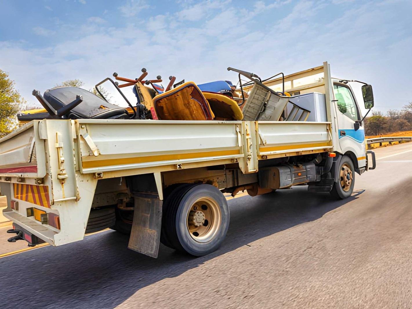 White and yellow truck hauling junk down a road