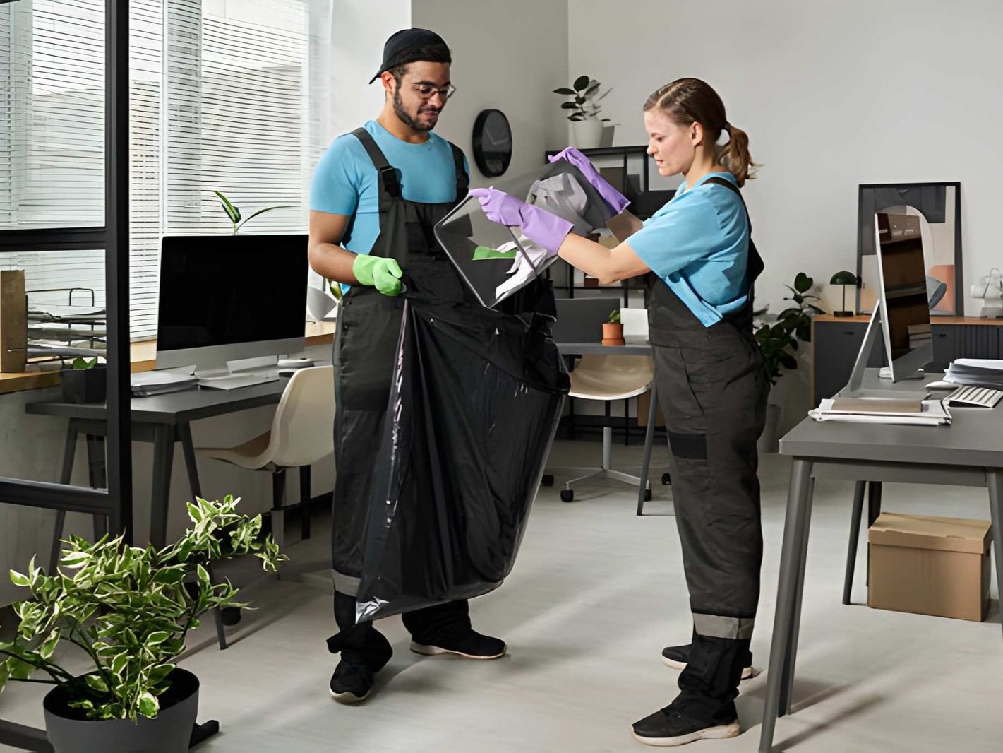 Worker cleaning outdoor area