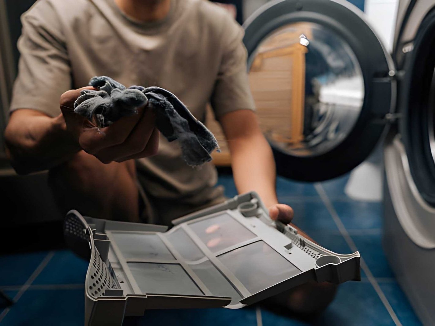 Man holding dirty filter and washing machine parts
